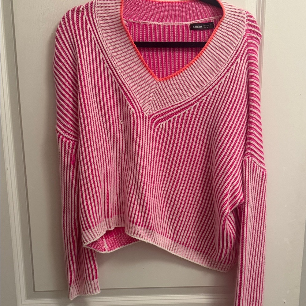 SHEIN Pink and White V-Neck Knit Sweater